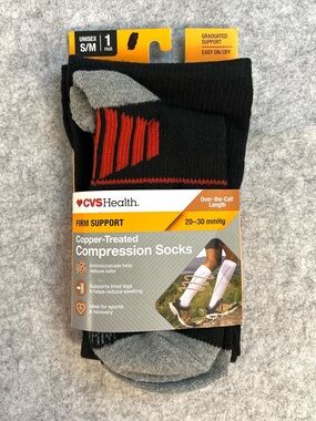 CVS Firm Support Copper-Treated Compression Socks, S/M, Black/Red, 1 pr